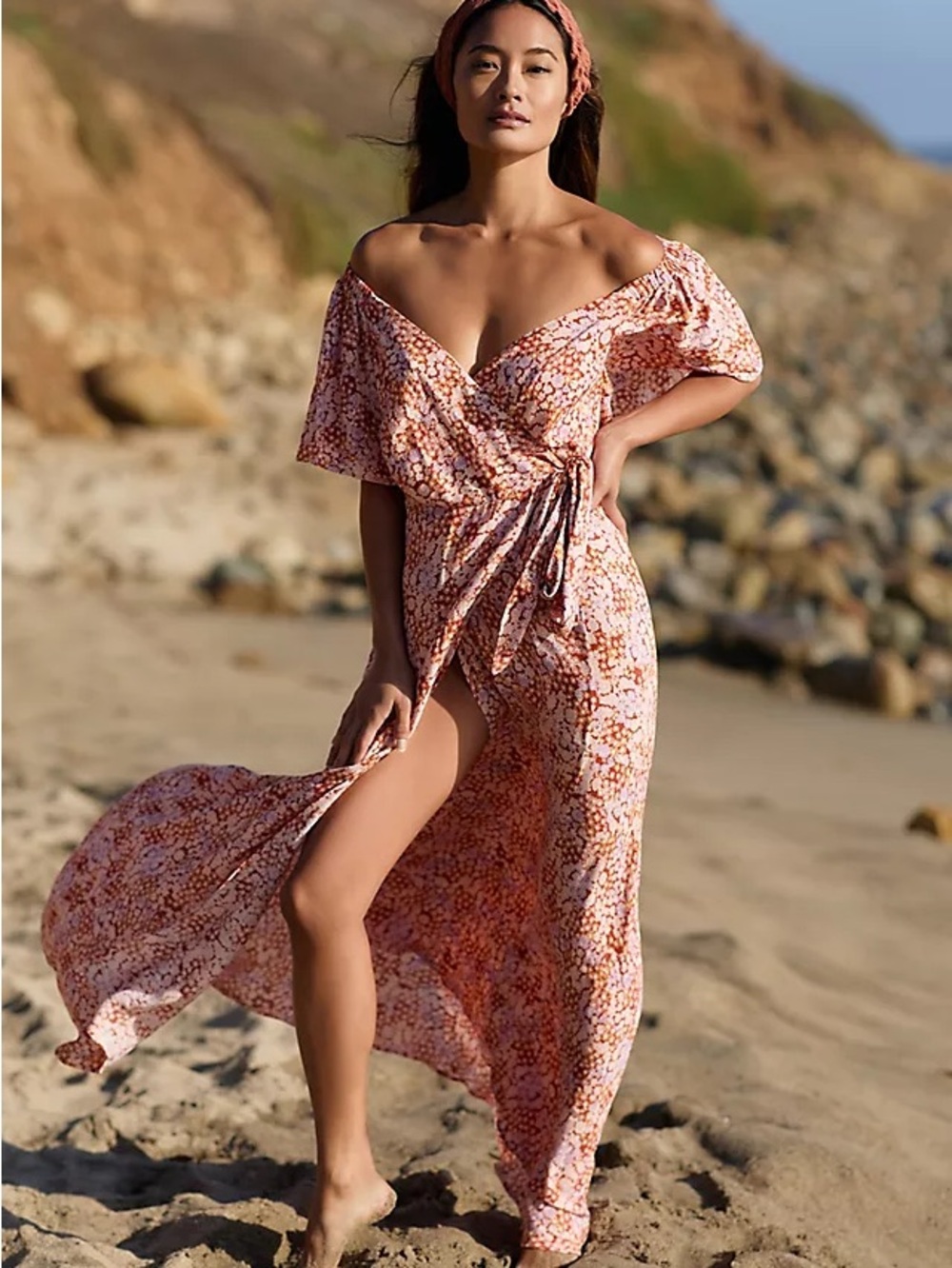 L*Space Sz S Panama Floral Cottagecore Orange Maxi Cover Up Wrap Dress